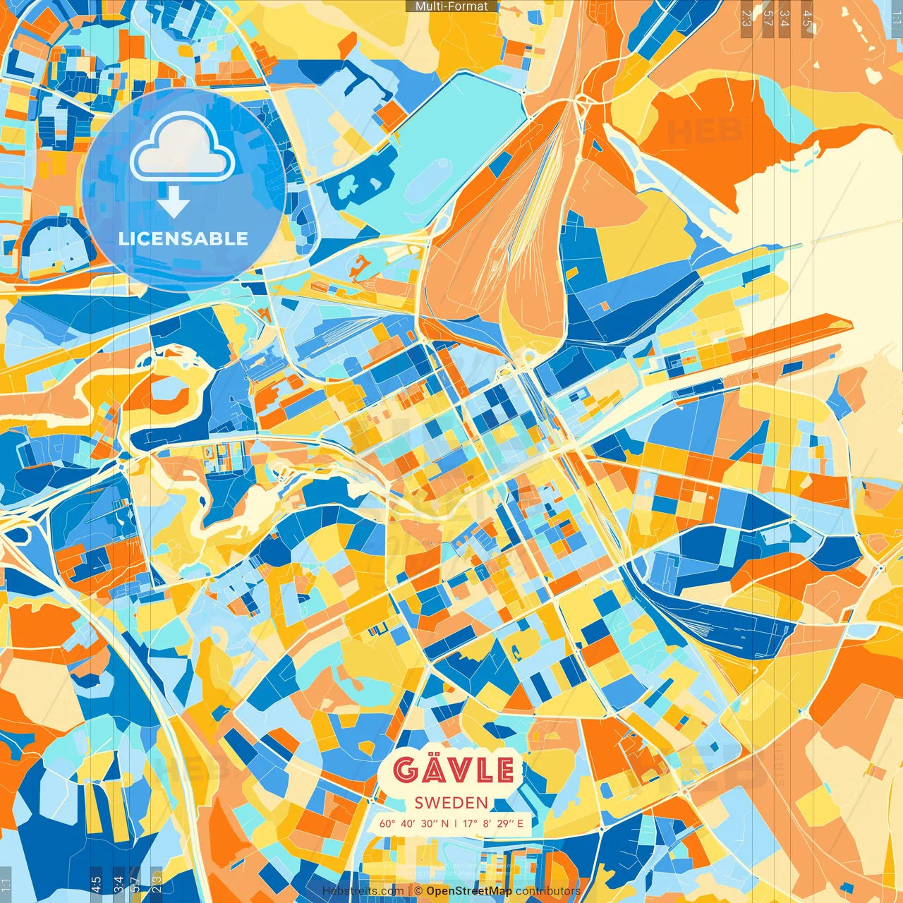 Gävle, Sweden blue and orange vector art map template