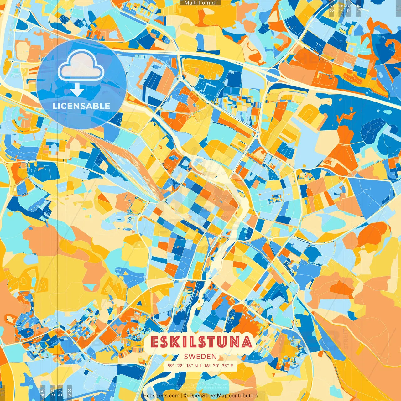 Eskilstuna, Sweden blue and orange vector art map template