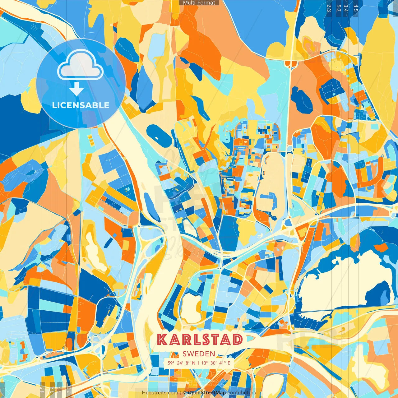 Karlstad, Sweden blue and orange vector art map template