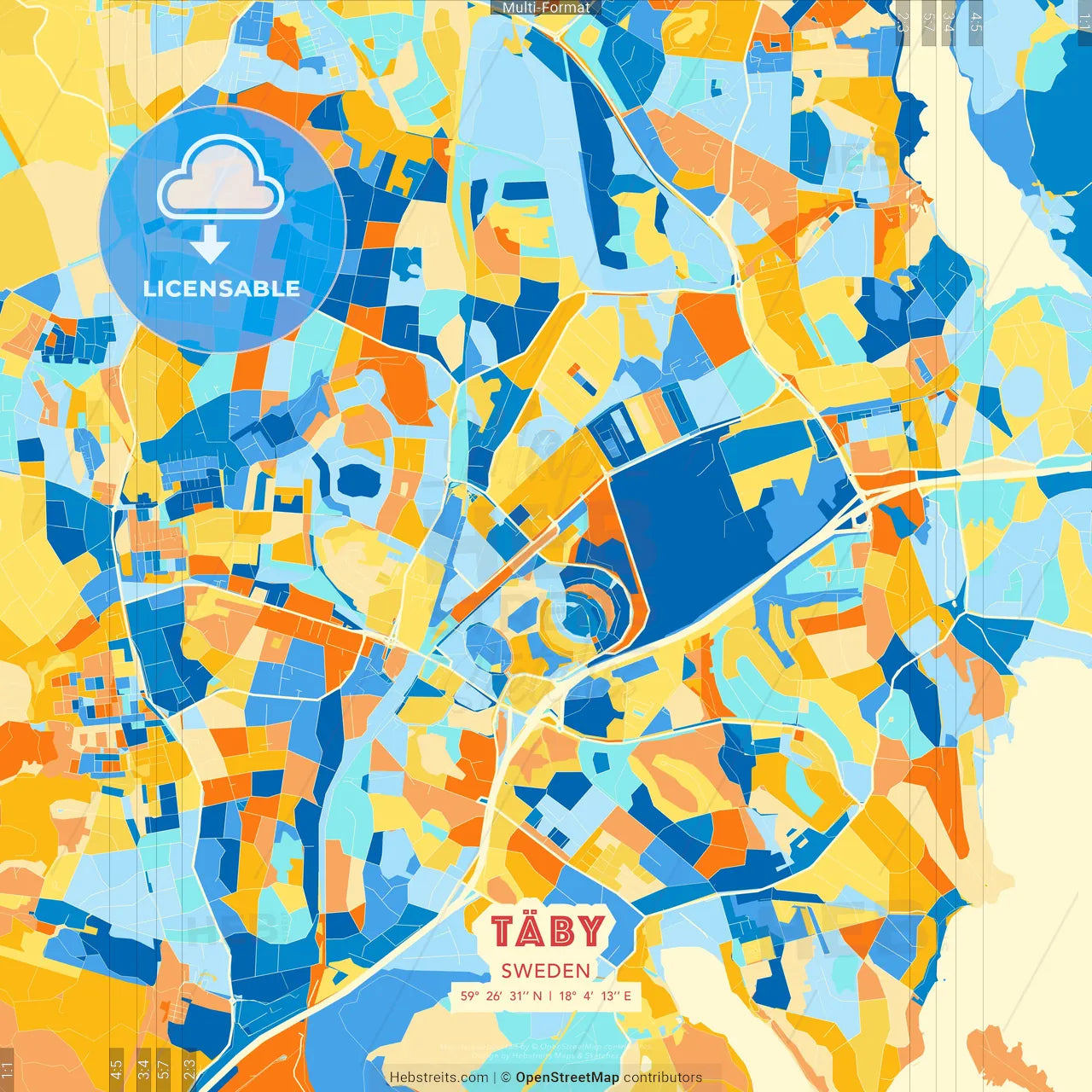 Täby, Sweden blue and orange vector art map template