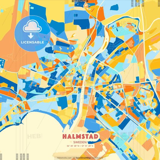 Halmstad, Sweden blue and orange vector art map template