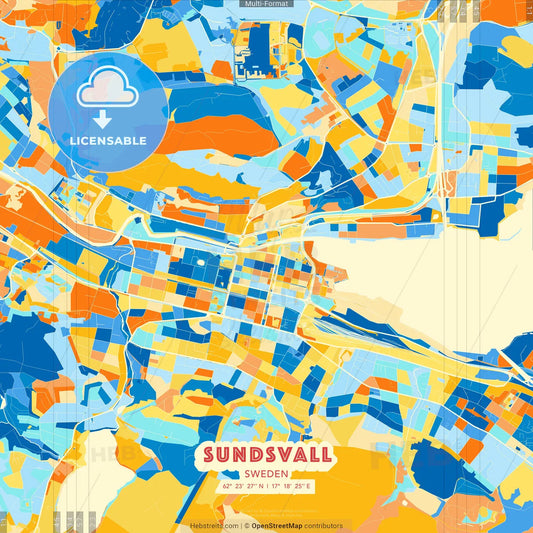 Sundsvall, Sweden blue and orange vector art map template