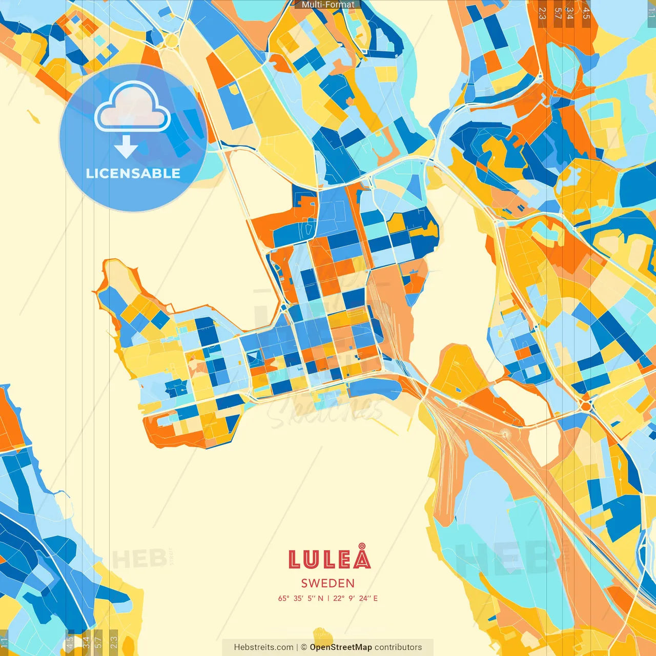 Luleå, Sweden blue and orange vector art map template