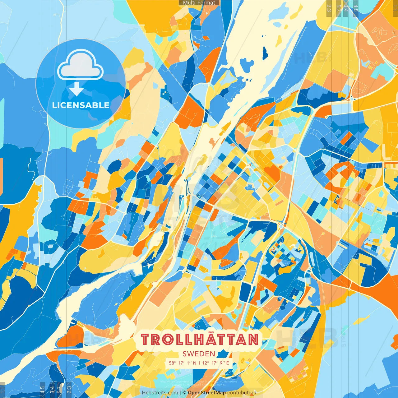 Trollhättan, Sweden blue and orange vector art map template