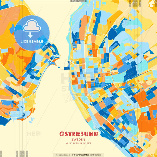 Östersund, Sweden blue and orange vector art map template