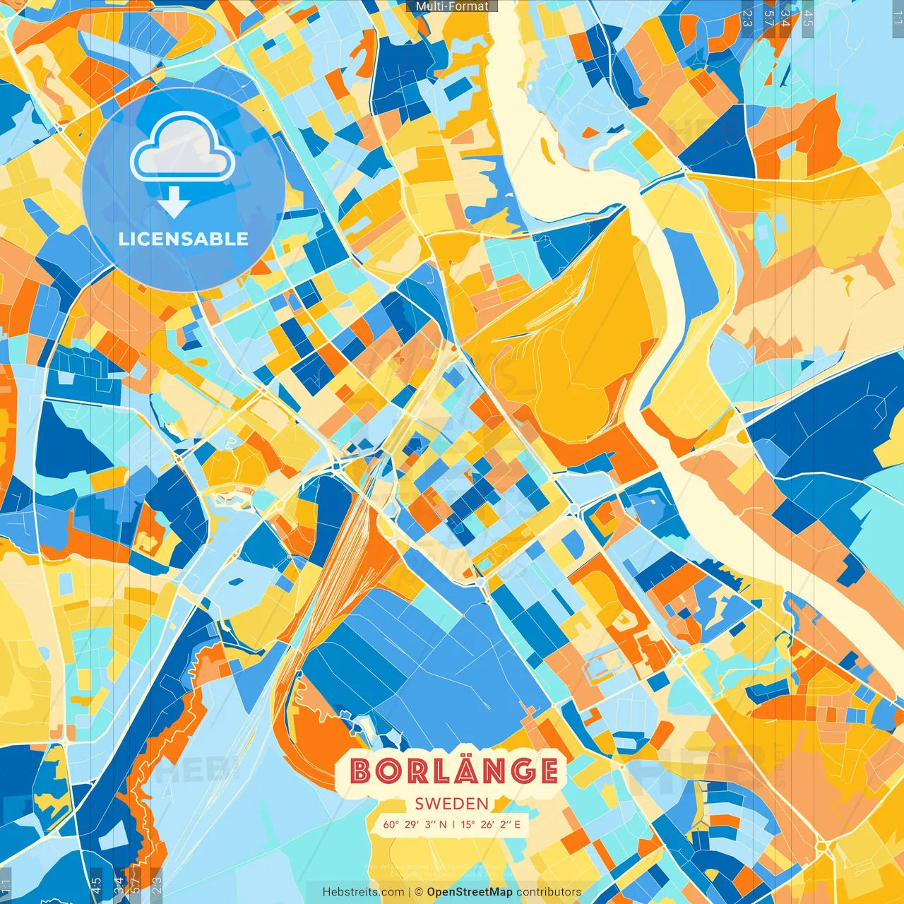 Borlänge, Sweden blue and orange vector art map template
