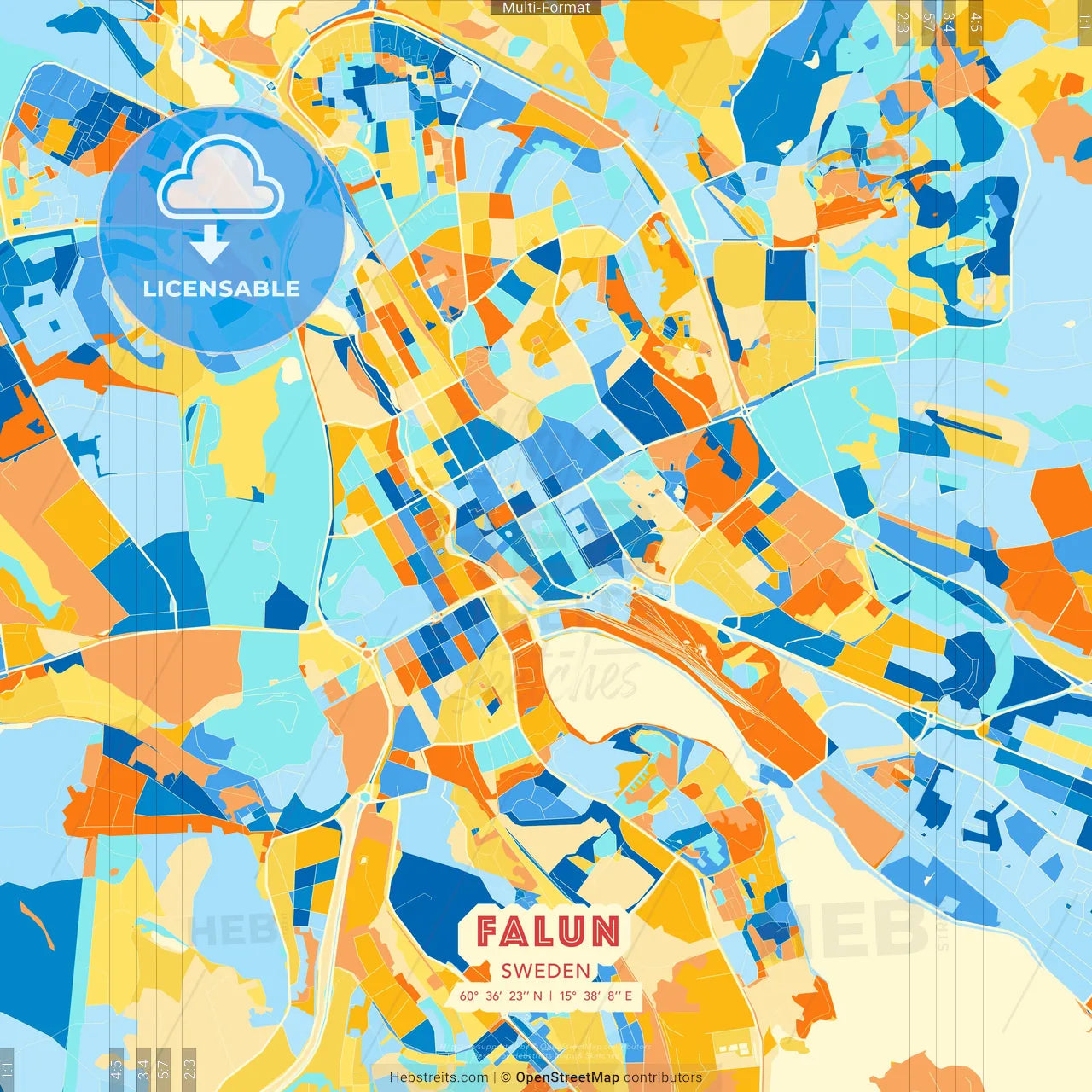 Falun, Sweden blue and orange vector art map template