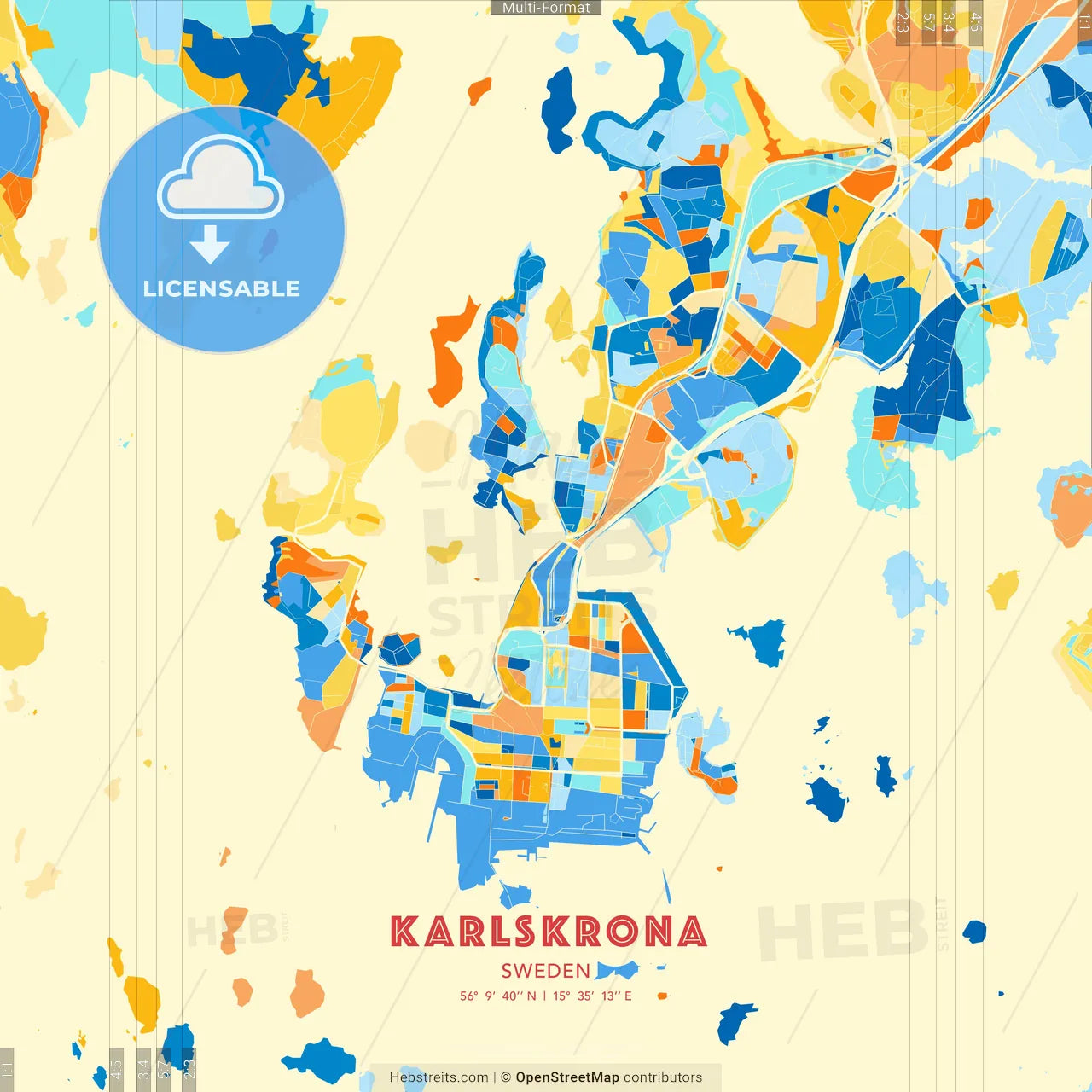 Karlskrona, Sweden blue and orange vector art map template