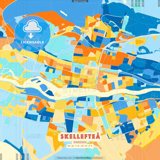 Skellefteå, Sweden blue and orange vector art map template