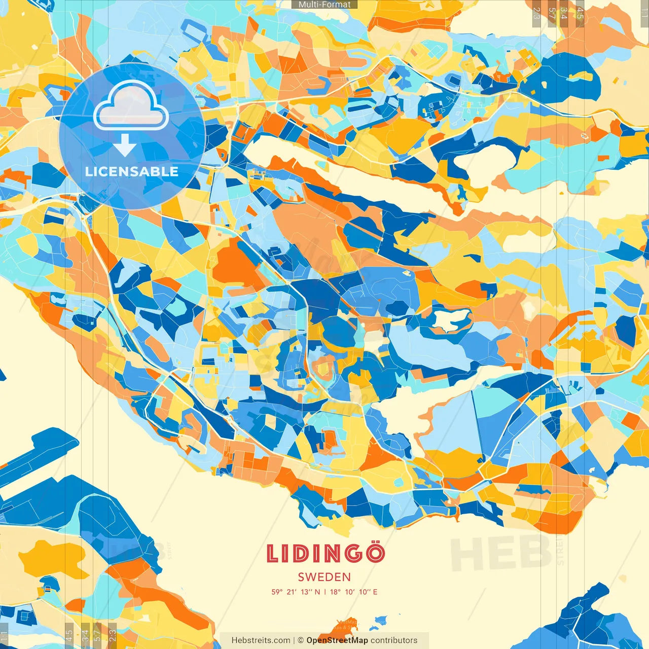 Lidingö, Sweden blue and orange vector art map template