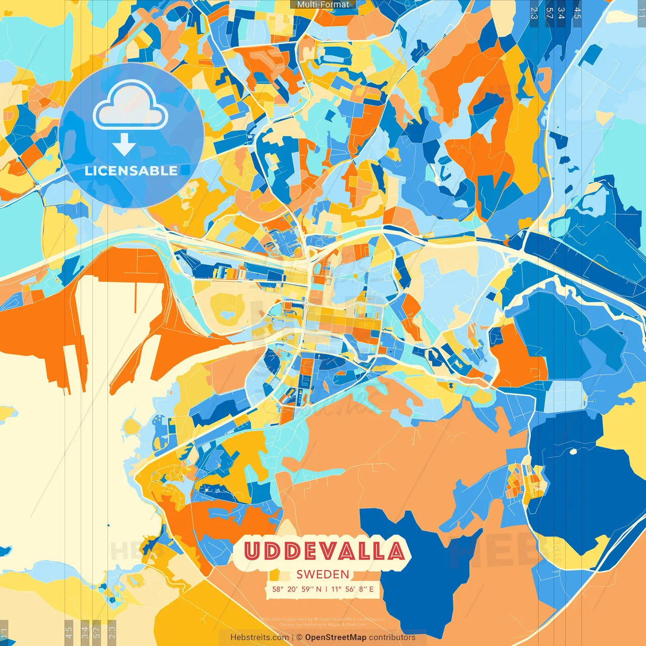 Uddevalla, Sweden blue and orange vector art map template