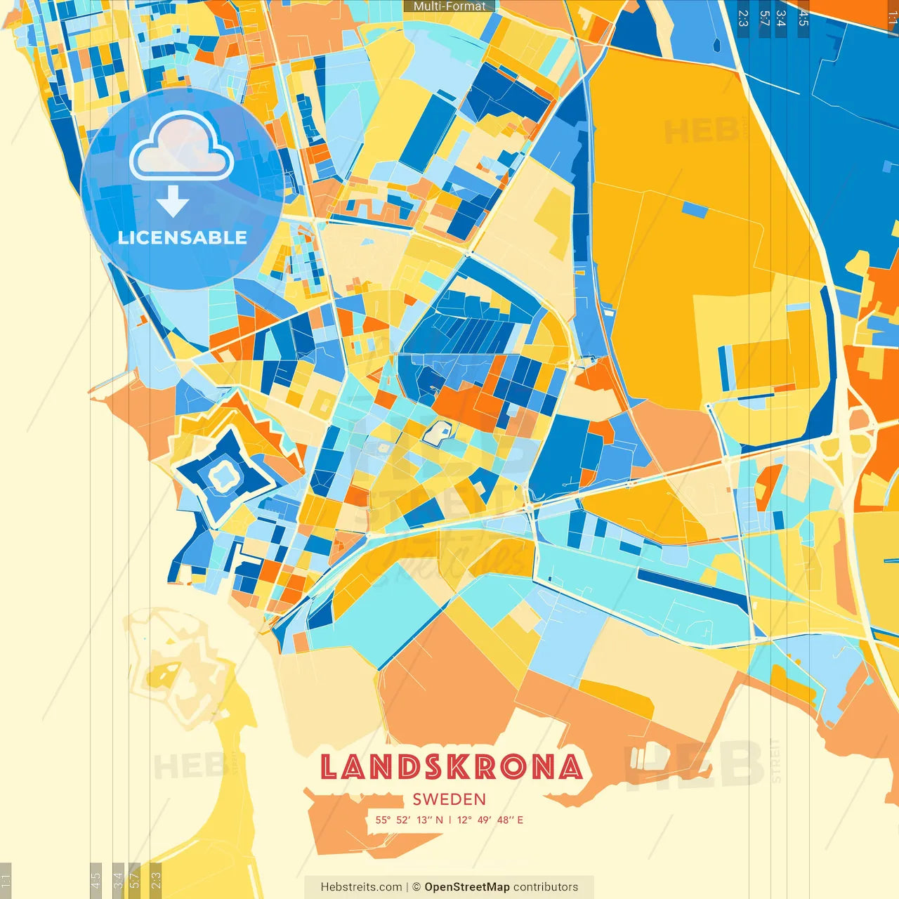 Landskrona, Sweden blue and orange vector art map template