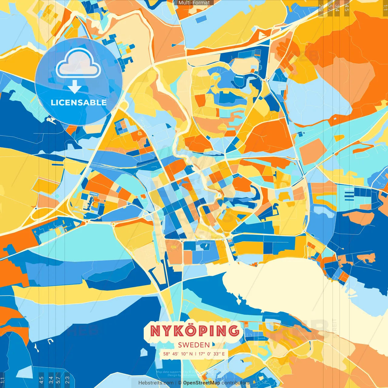 Nyköping, Sweden blue and orange vector art map template