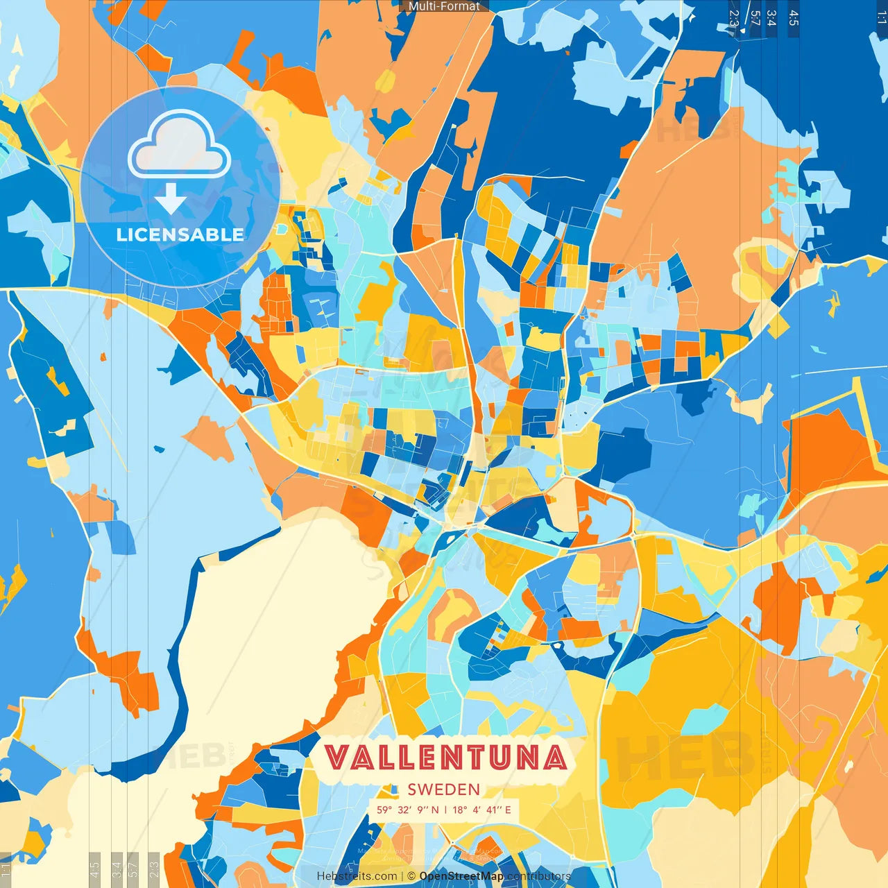 Vallentuna, Sweden blue and orange vector art map template