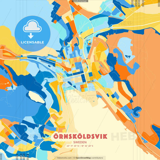 Örnsköldsvik, Sweden blue and orange vector art map template