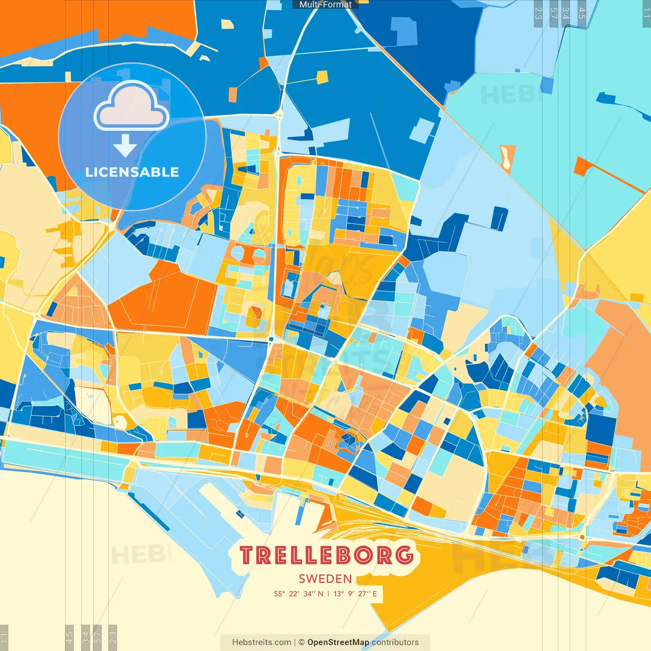 Trelleborg, Sweden blue and orange vector art map template