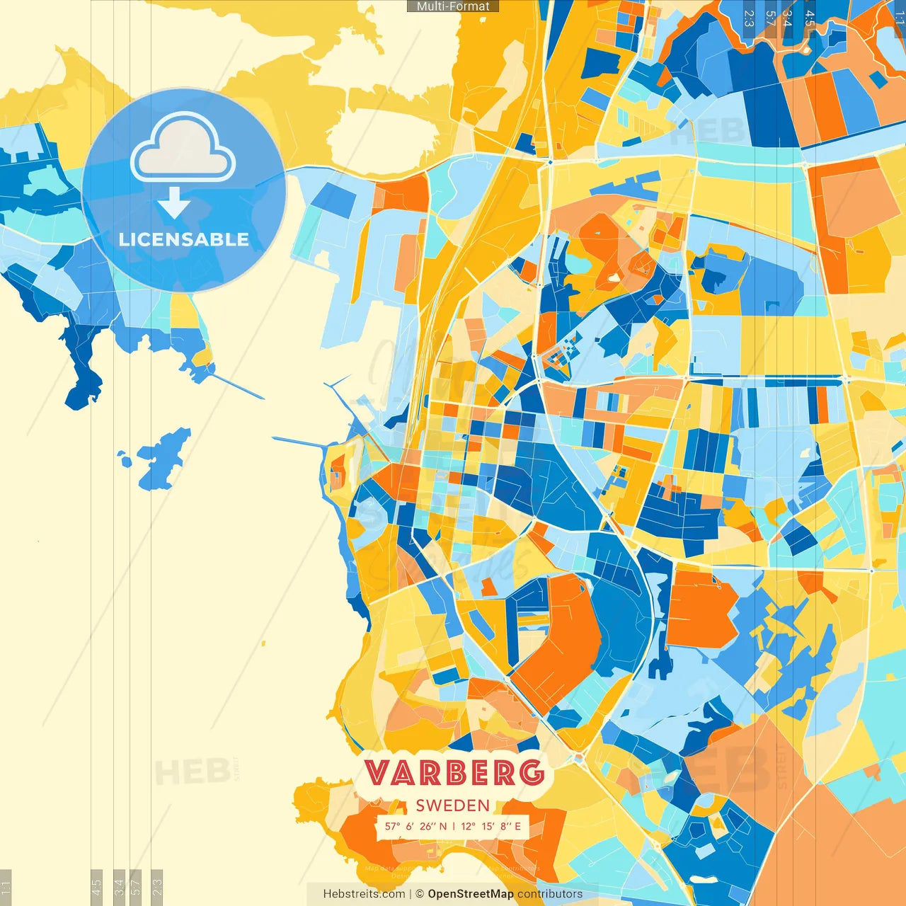 Varberg, Sweden blue and orange vector art map template