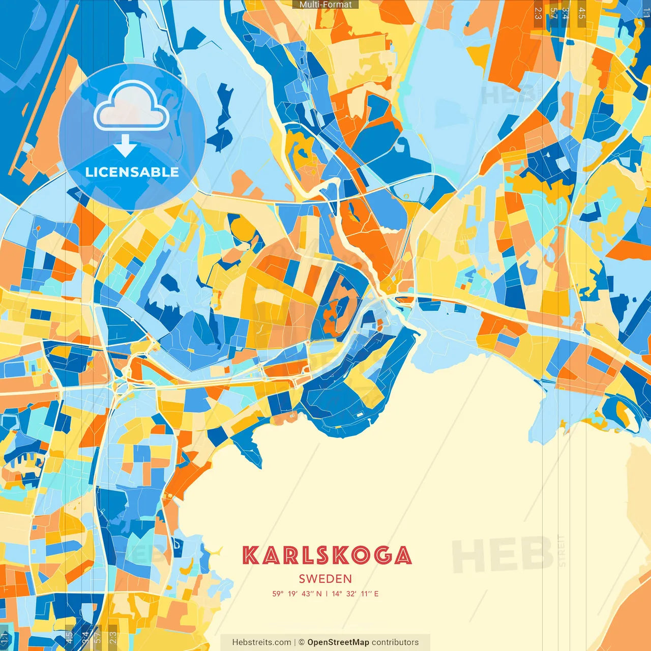 Karlskoga, Sweden blue and orange vector art map template
