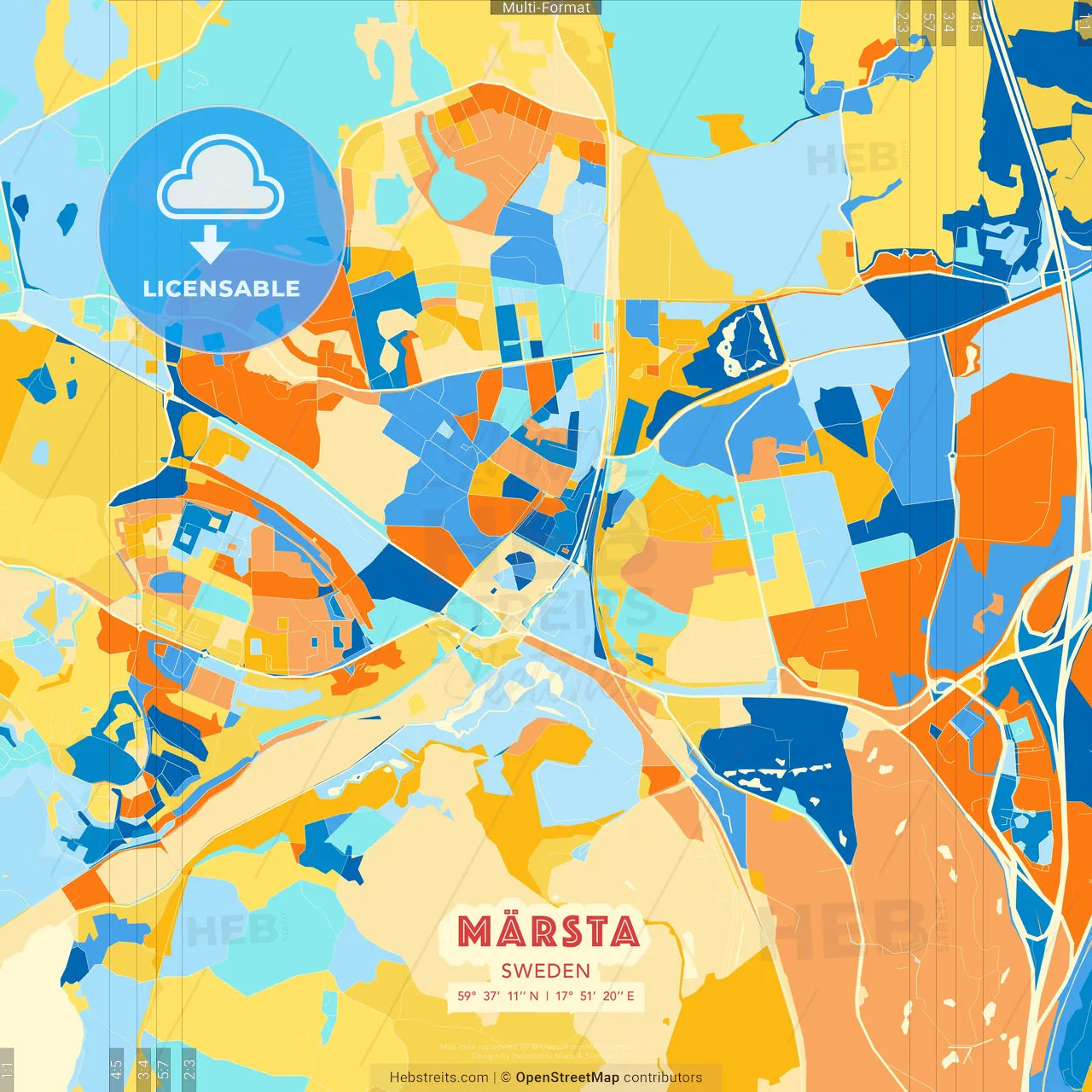 Märsta, Sweden blue and orange vector art map template