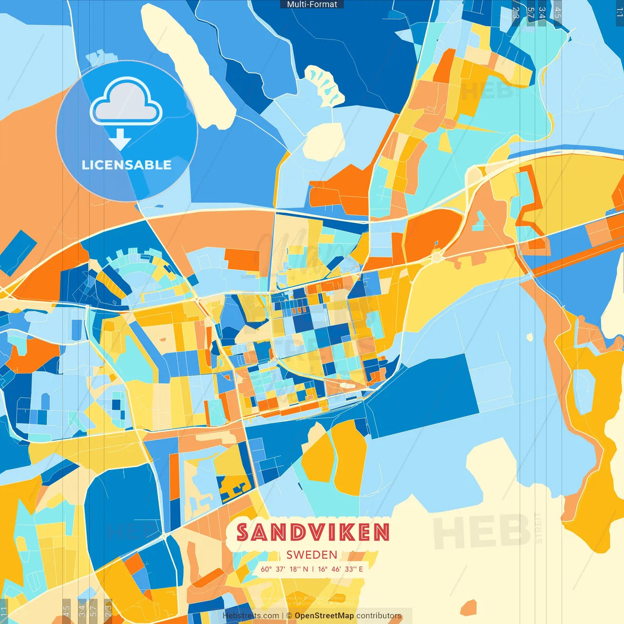 Sandviken, Sweden blue and orange vector art map template