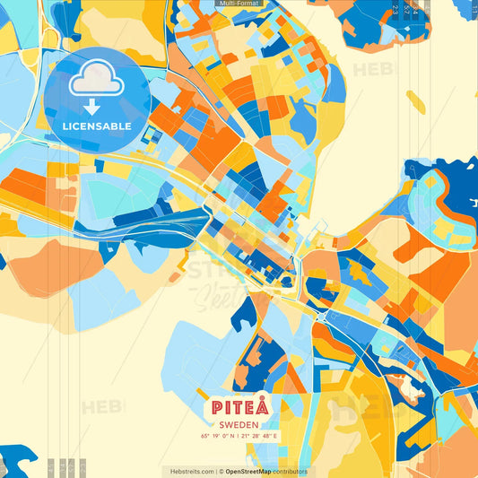 Piteå, Sweden blue and orange vector art map template
