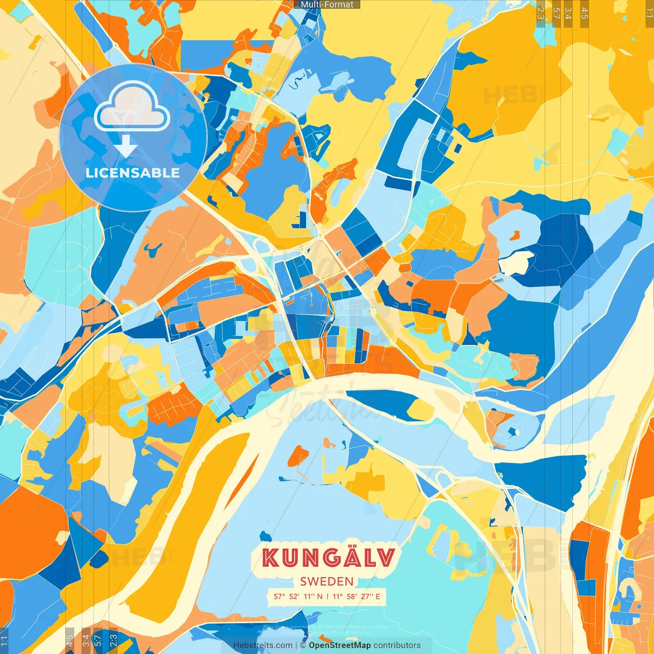 Kungälv, Sweden blue and orange vector art map template