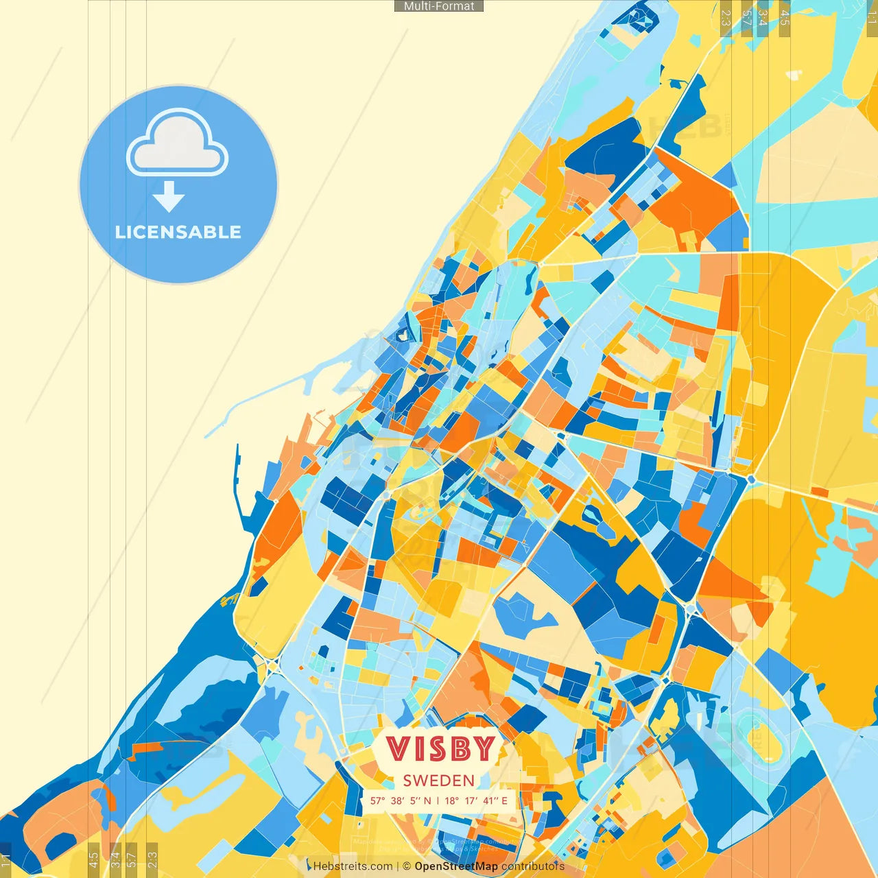 Visby, Sweden blue and orange vector art map template