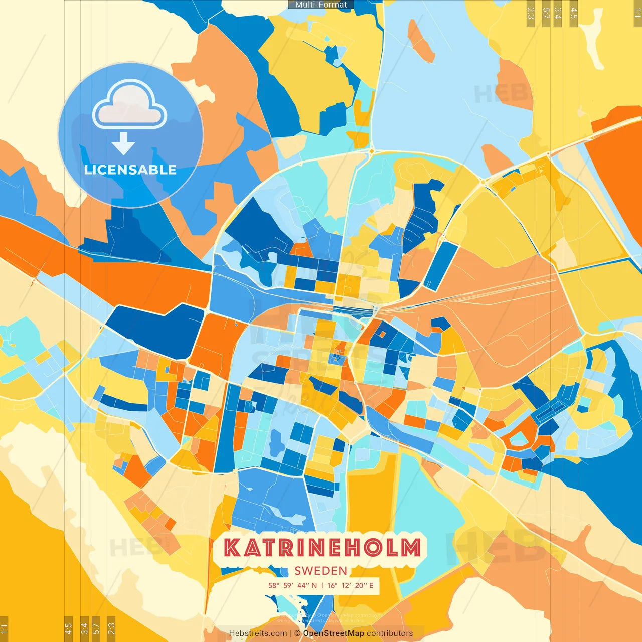 Katrineholm, Sweden blue and orange vector art map template