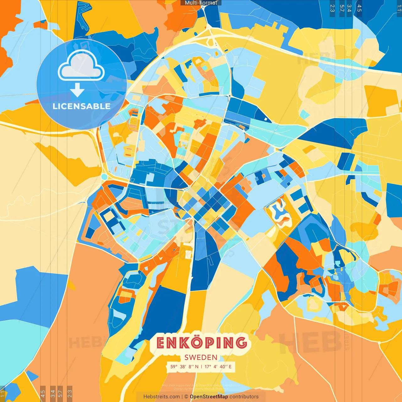 Enköping, Sweden blue and orange vector art map template