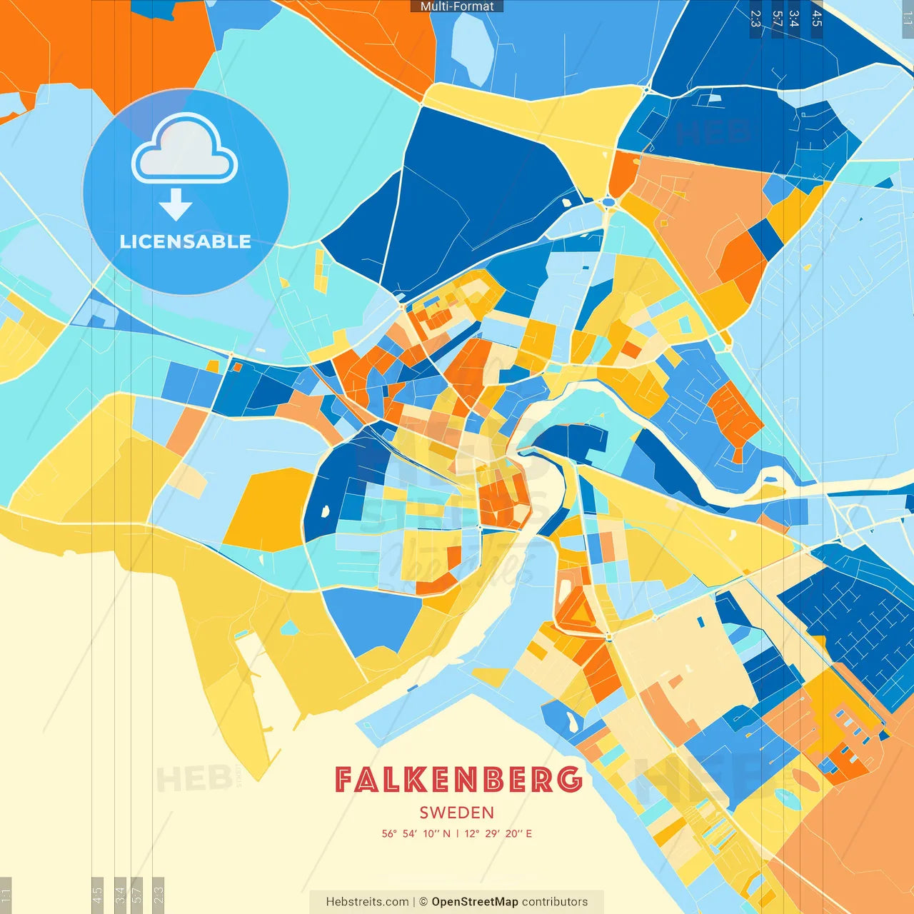 Falkenberg, Sweden blue and orange vector art map template