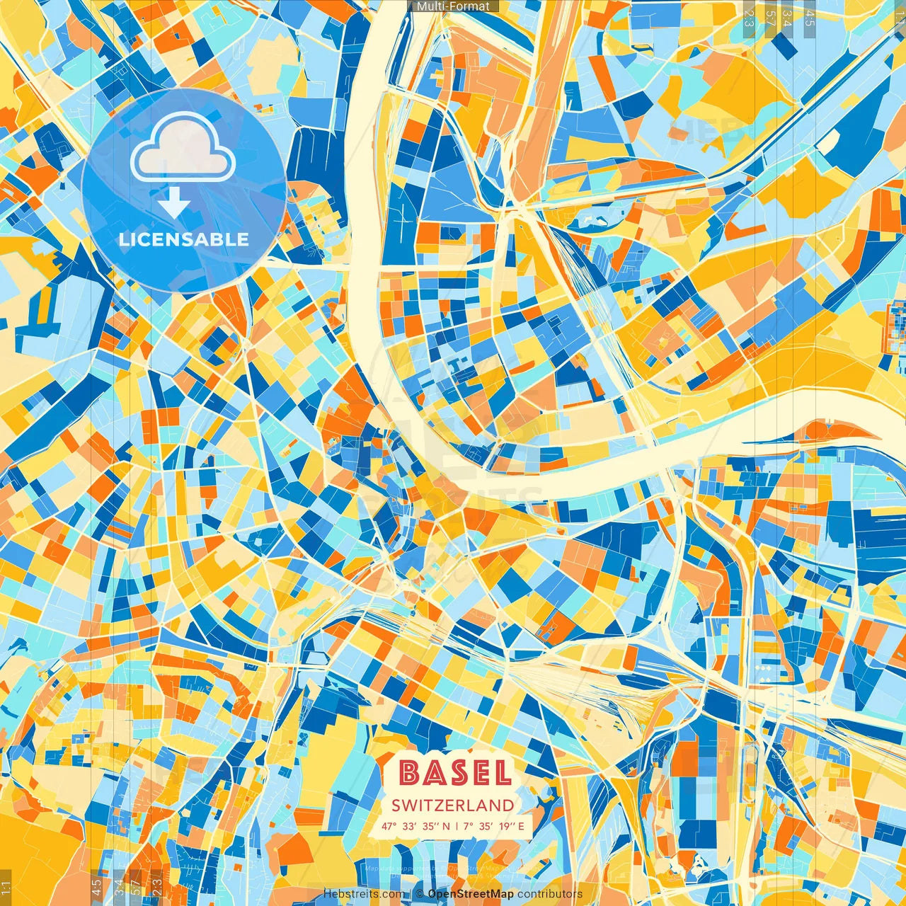 Basel, Switzerland blue and orange vector art map template