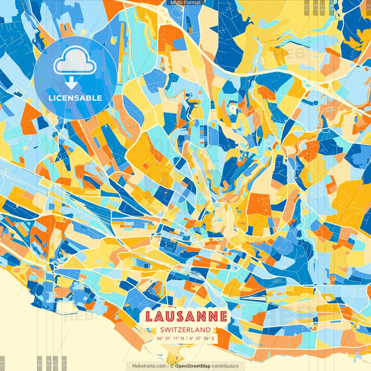 Lausanne, Switzerland blue and orange vector art map template