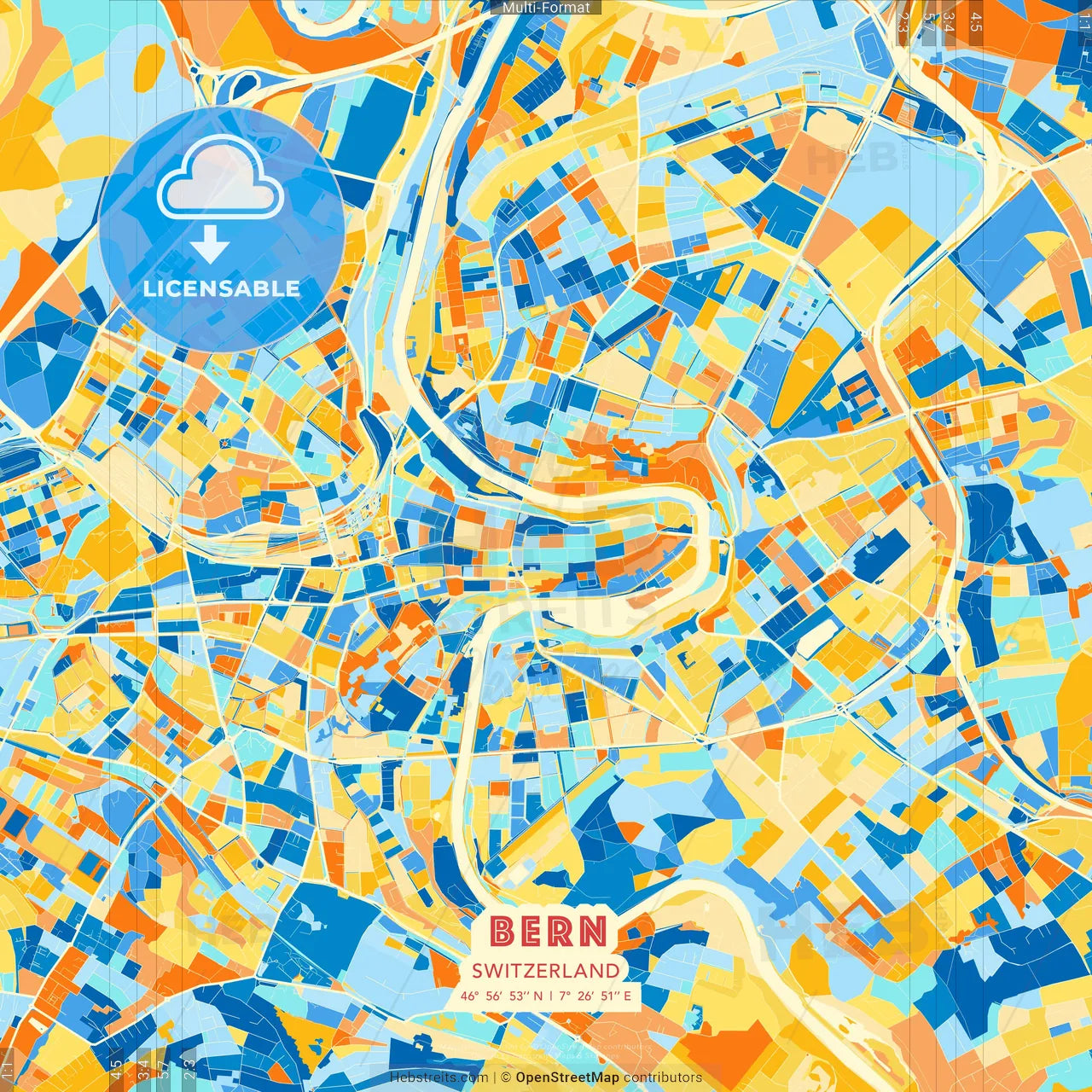 Bern, Switzerland blue and orange vector art map template