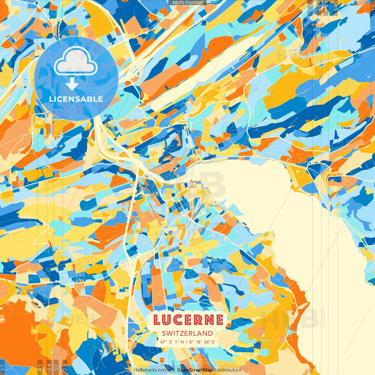 Lucerne, Switzerland blue and orange vector art map template