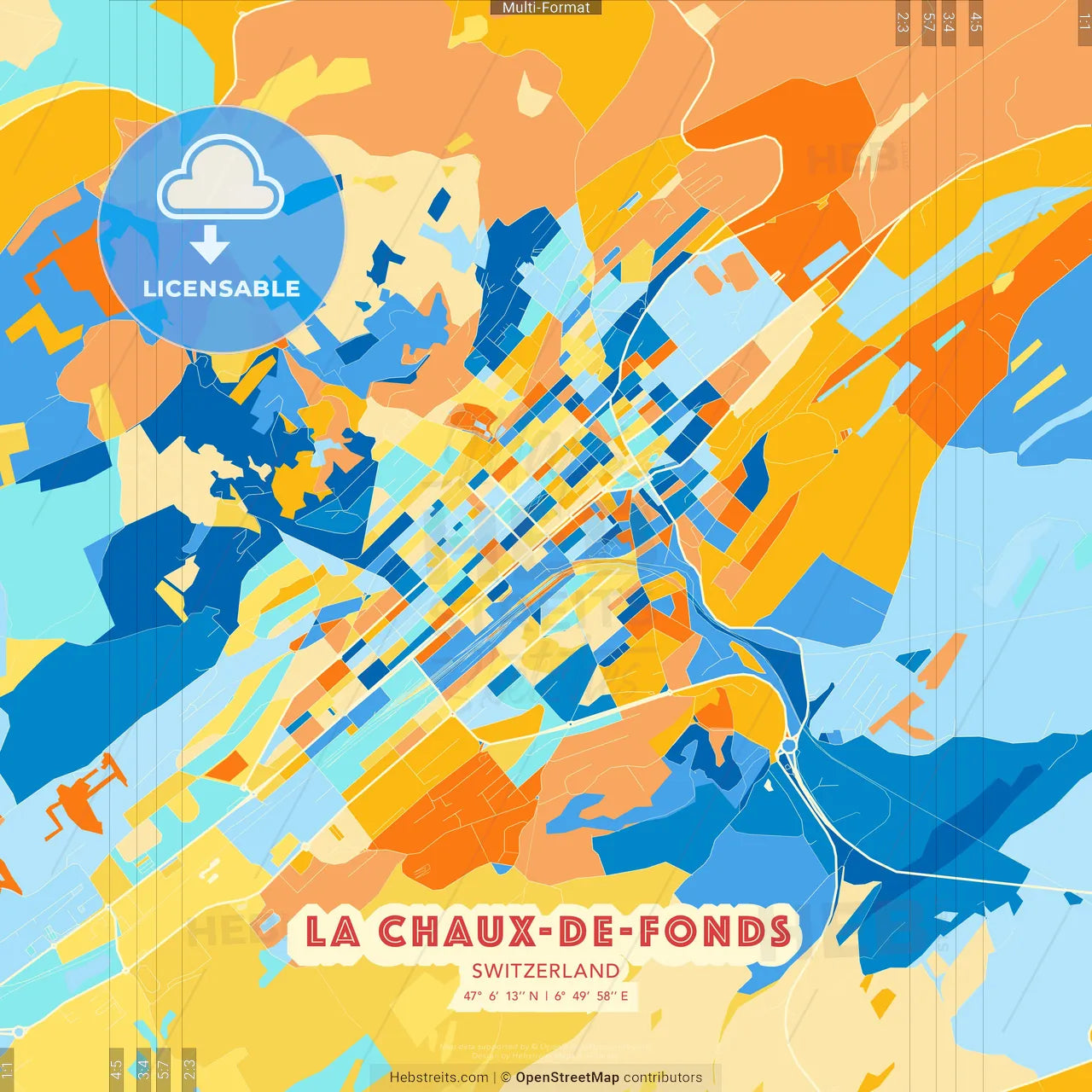 La Chaux-de-Fonds, Switzerland blue and orange vector art map template