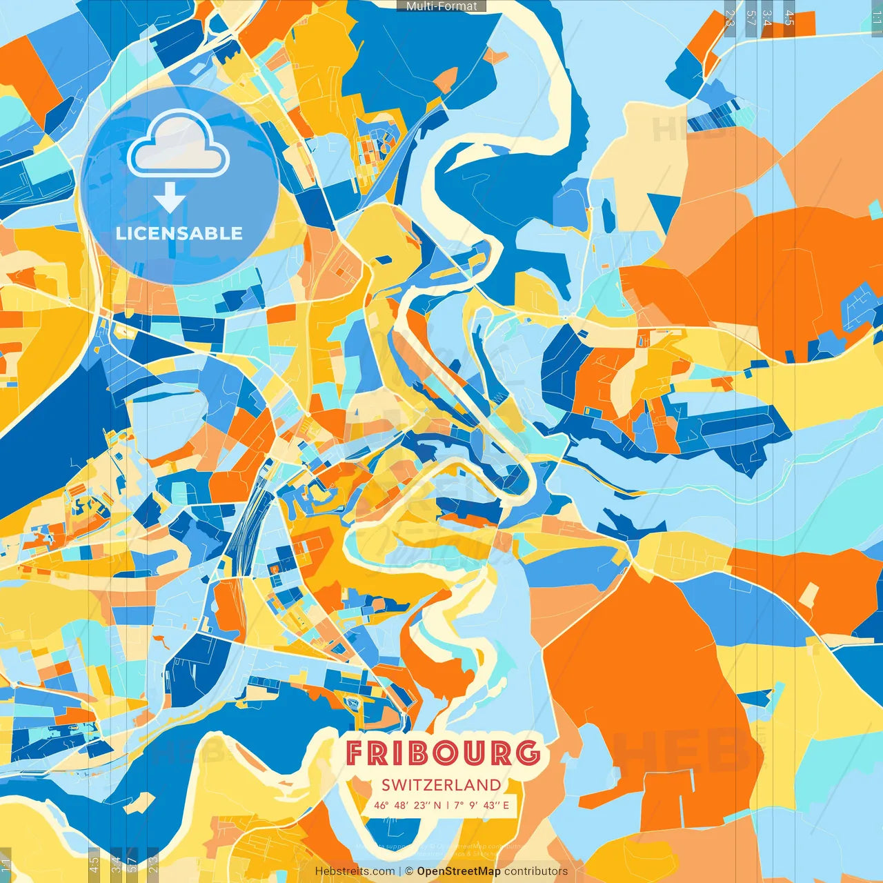 Fribourg, Switzerland blue and orange vector art map template