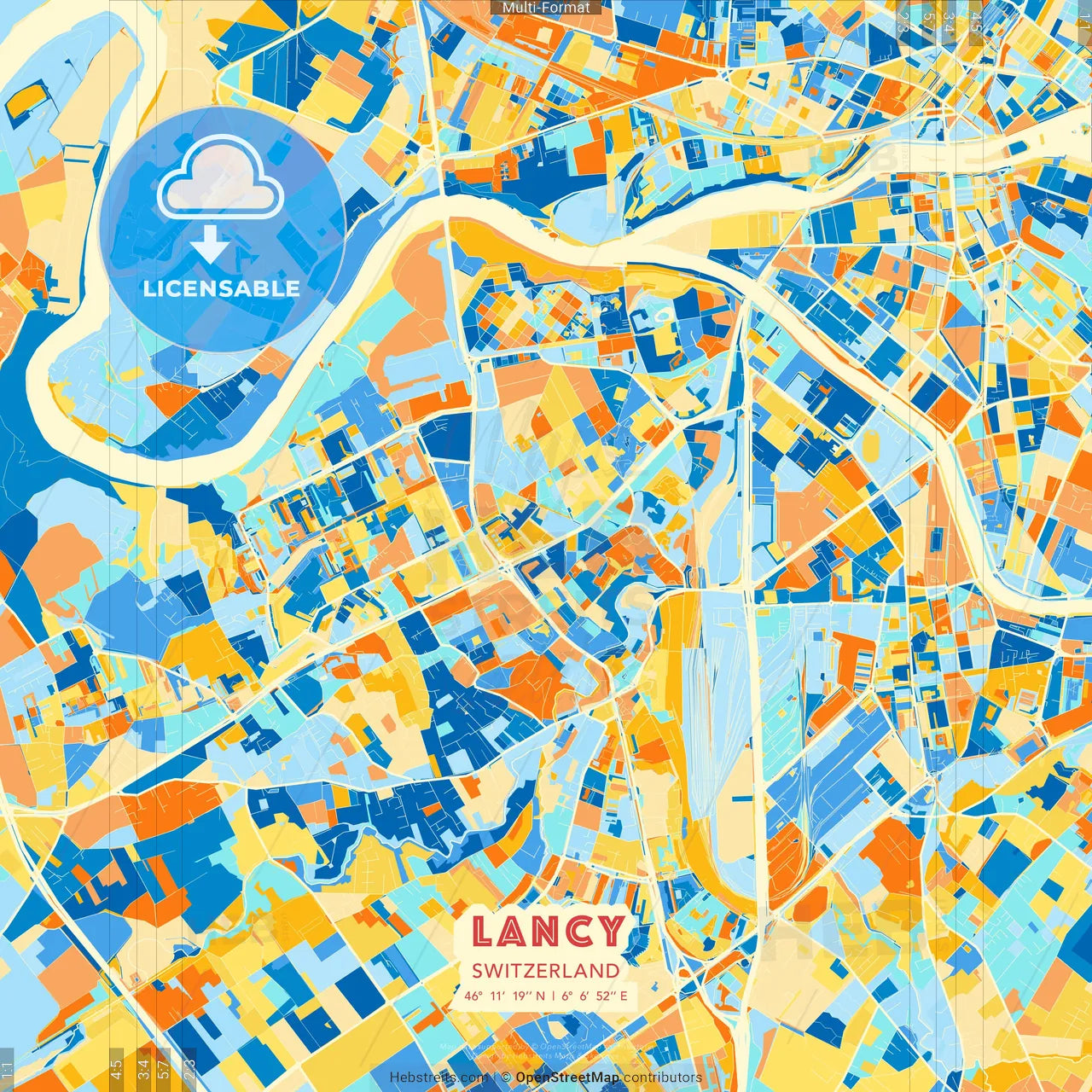 Lancy, Switzerland blue and orange vector art map template