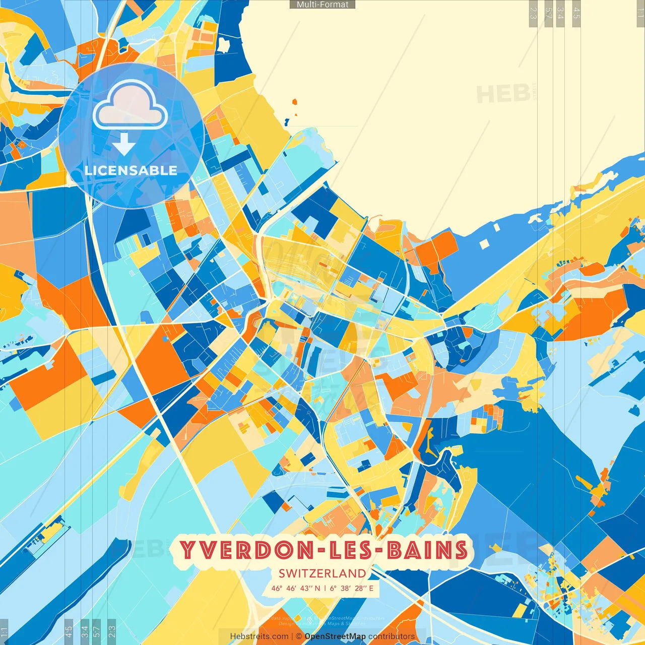 Yverdon-les-Bains, Switzerland blue and orange vector art map template