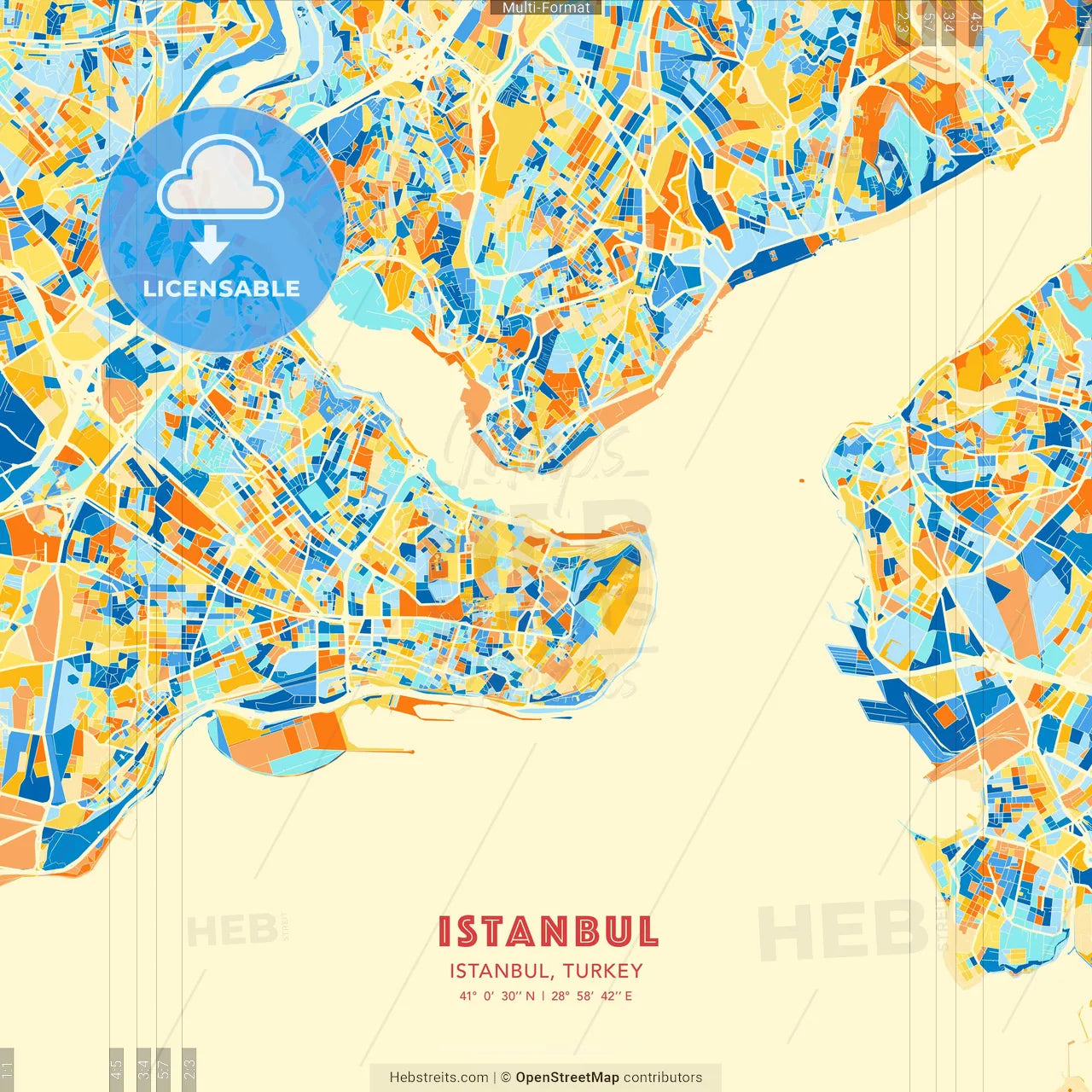 Istanbul, Istanbul, Turkey blue and orange vector art map template