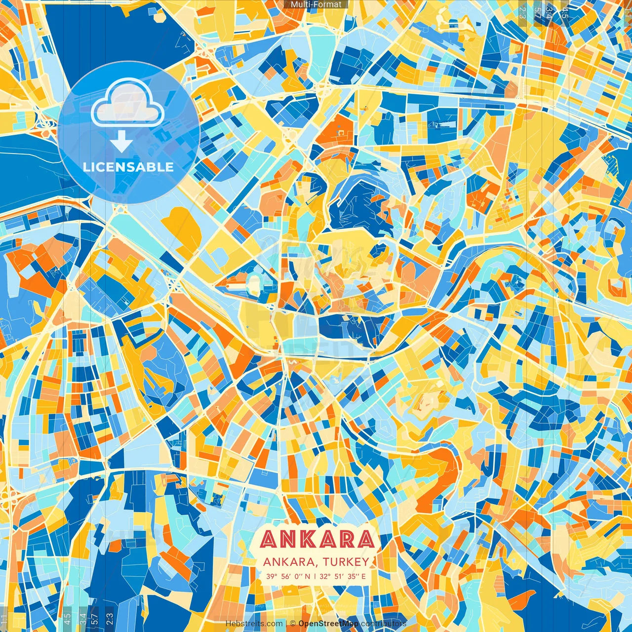 Ankara, Ankara, Turkey blue and orange vector art map template