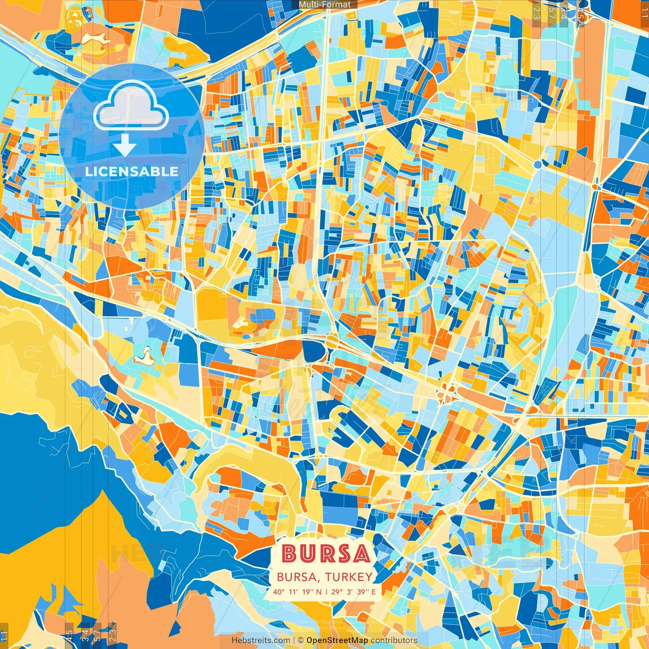 Bursa, Bursa, Turkey blue and orange vector art map template