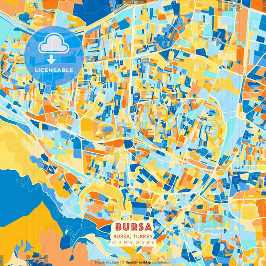 Bursa, Bursa, Turkey blue and orange vector art map template