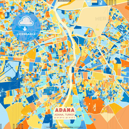 Adana, Adana, Turkey blue and orange vector art map template