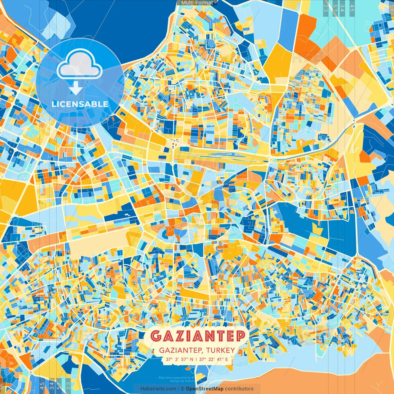 Gaziantep, Gaziantep, Turkey blue and orange vector art map template