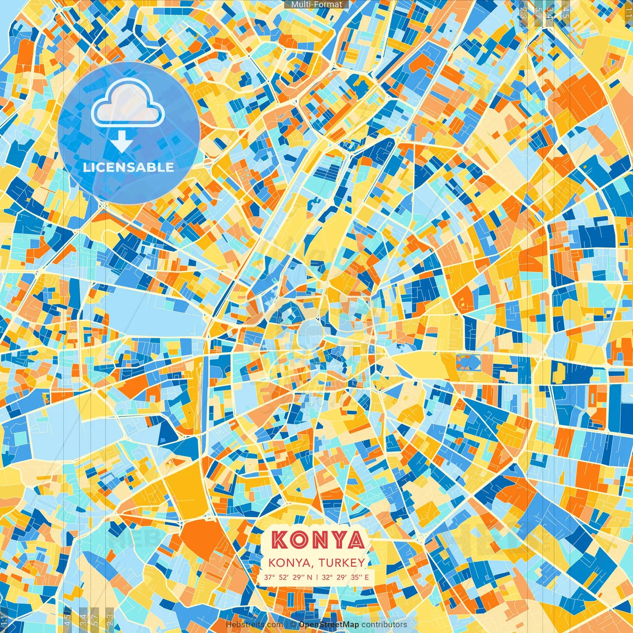 Konya, Konya, Turkey blue and orange vector art map template