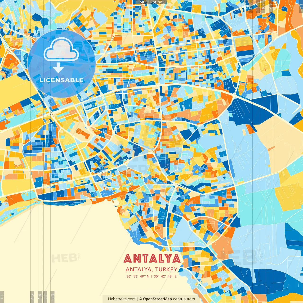 Antalya, Antalya, Turkey blue and orange vector art map template