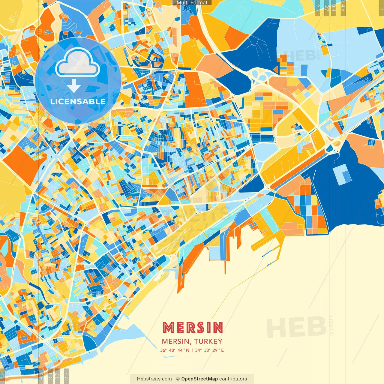 Mersin, Mersin, Turkey blue and orange vector art map template
