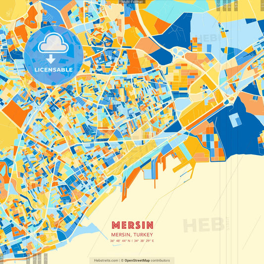 Mersin, Mersin, Turkey blue and orange vector art map template