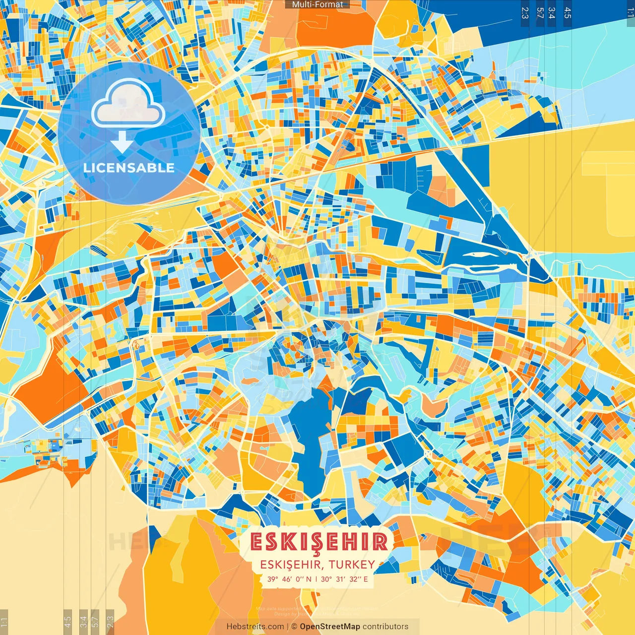 Eskişehir, Eskişehir, Turkey blue and orange vector art map template