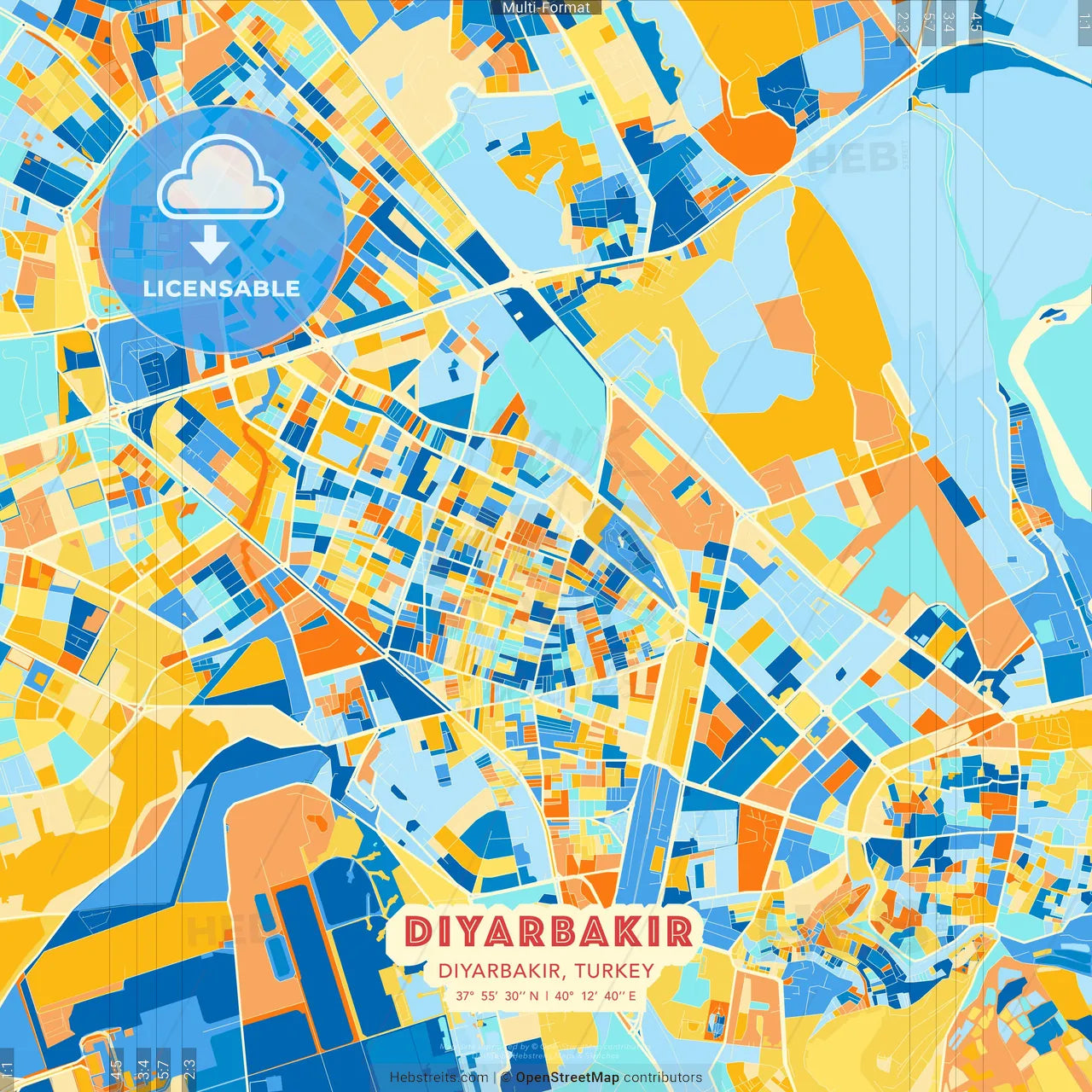 Diyarbakır, Diyarbakır, Turkey blue and orange vector art map template